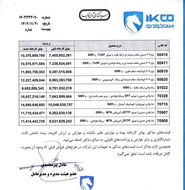 اعلام قیمت جدید کارخانه&zwnj;ای محصولات ایران خودرو