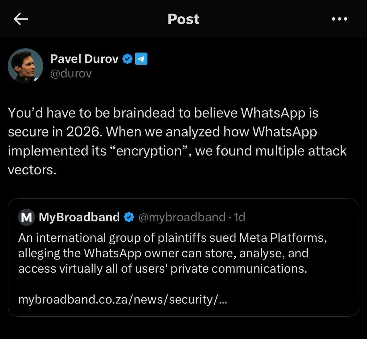 هشدار مالک تلگرام: واتساپ در سال ۲۰۲۶ امن نیست! هشدار مالک تلگرام: واتساپ در سال ۲۰۲۶ امن نیست!