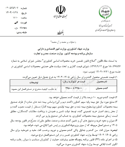 قیمت جدید گندم بالاخره به طور رسمی اعلام شد