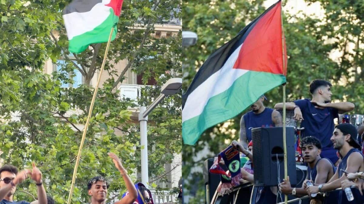 جشن قهرمانی بارسا؛ پرچم فلسطین در دستان یامال جشن قهرمانی بارسا؛ پرچم فلسطین در دستان یامال