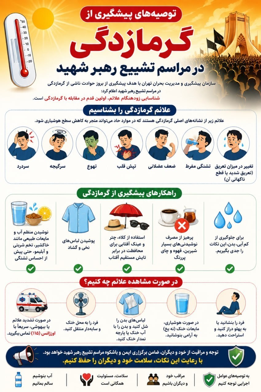 سازمان مدیریت بحران شهر تهران تاکید کرد؛ توصیه‌های پیشگیری از گرمازدگی در مراسم تشییع رهبر شهید